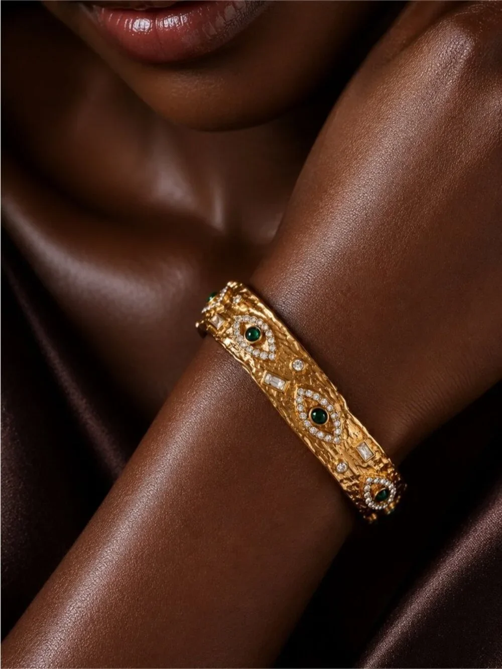 Gold plated Cuff Bracelet with Green Eye Accents
